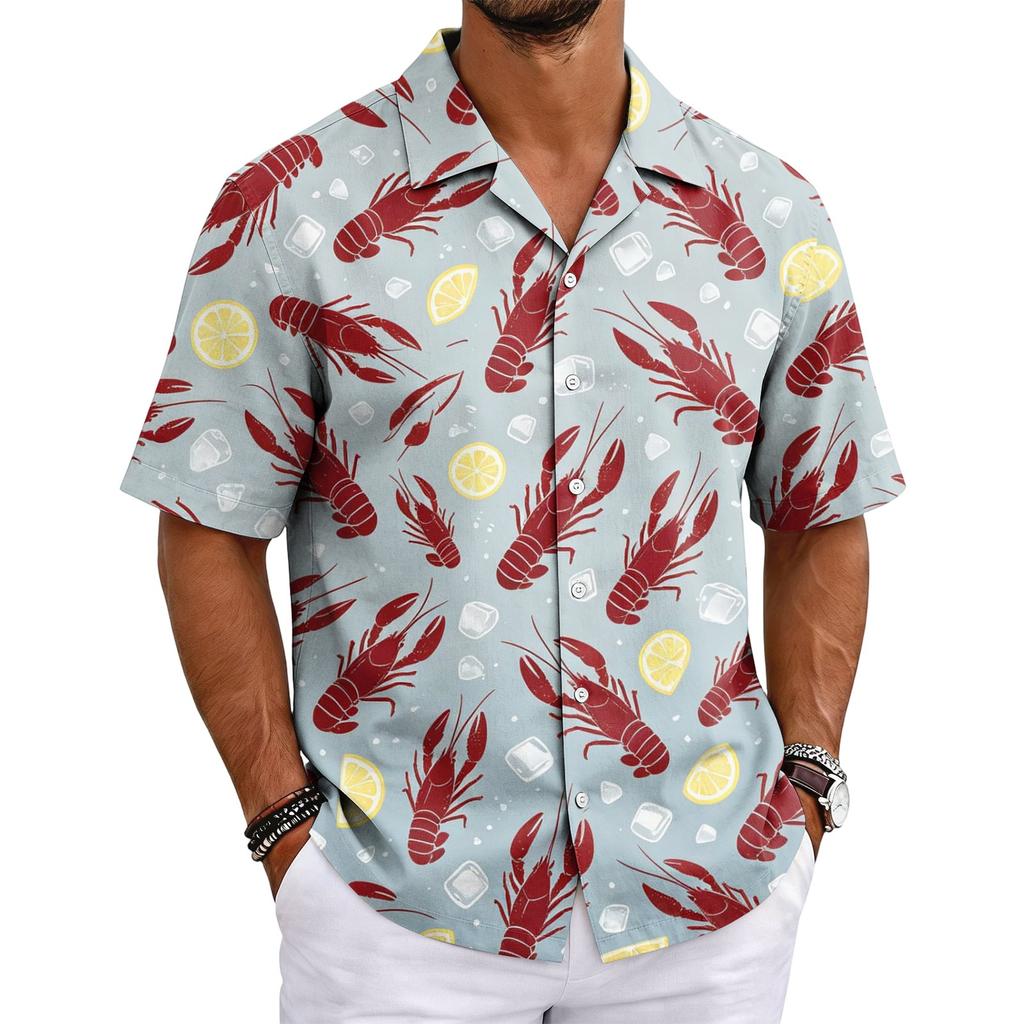 Camicia da uomo estiva basic con colletto cubano a maniche corte, bottoni, casual, leggera, stampa hawaiana con aragoste