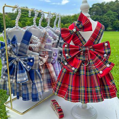 Pet Plaid Dress Hanger Leash Supplies Clothes Dog Cat Teddy Bear Corgi