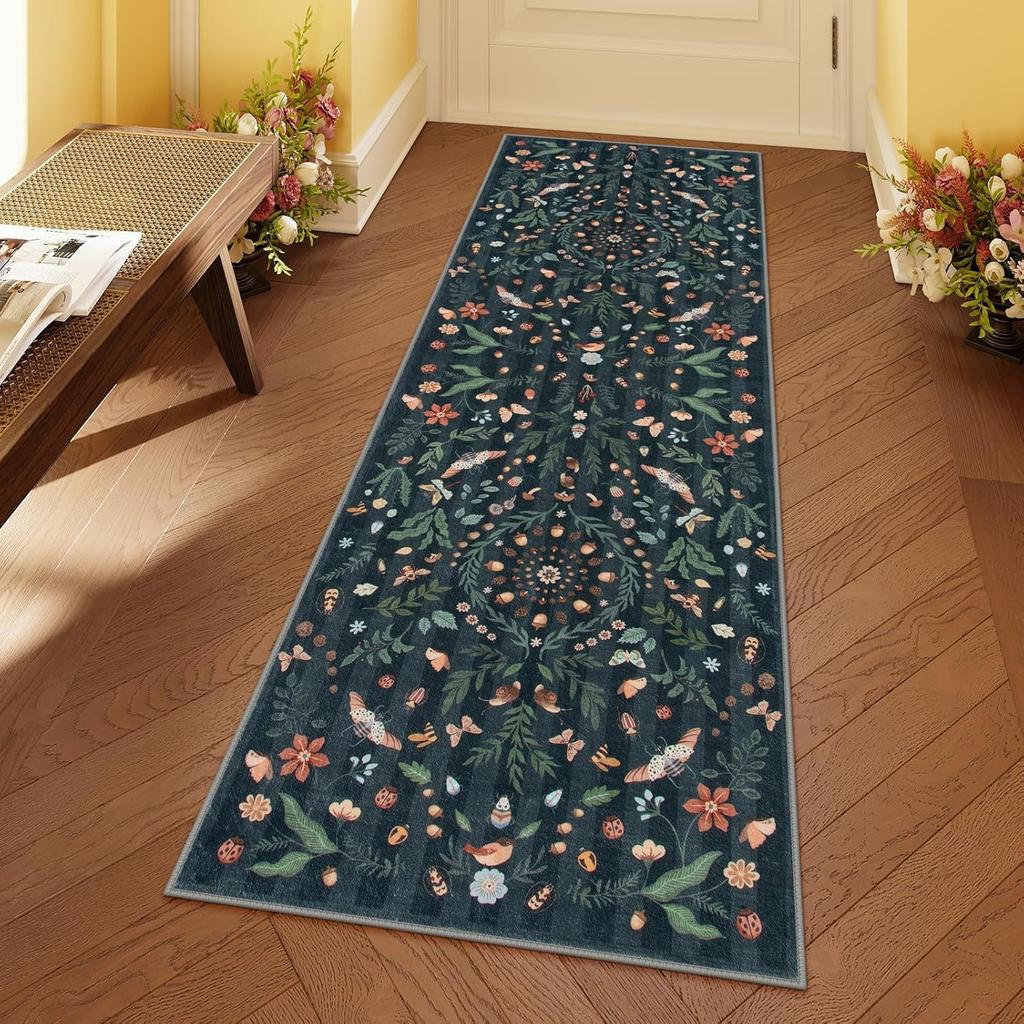 Vintage Botanical Runner Rug Intricate Floral Butterflies Bird Pattern Hallway Carpet Boho Living Room Decor Anti-slip Floormat