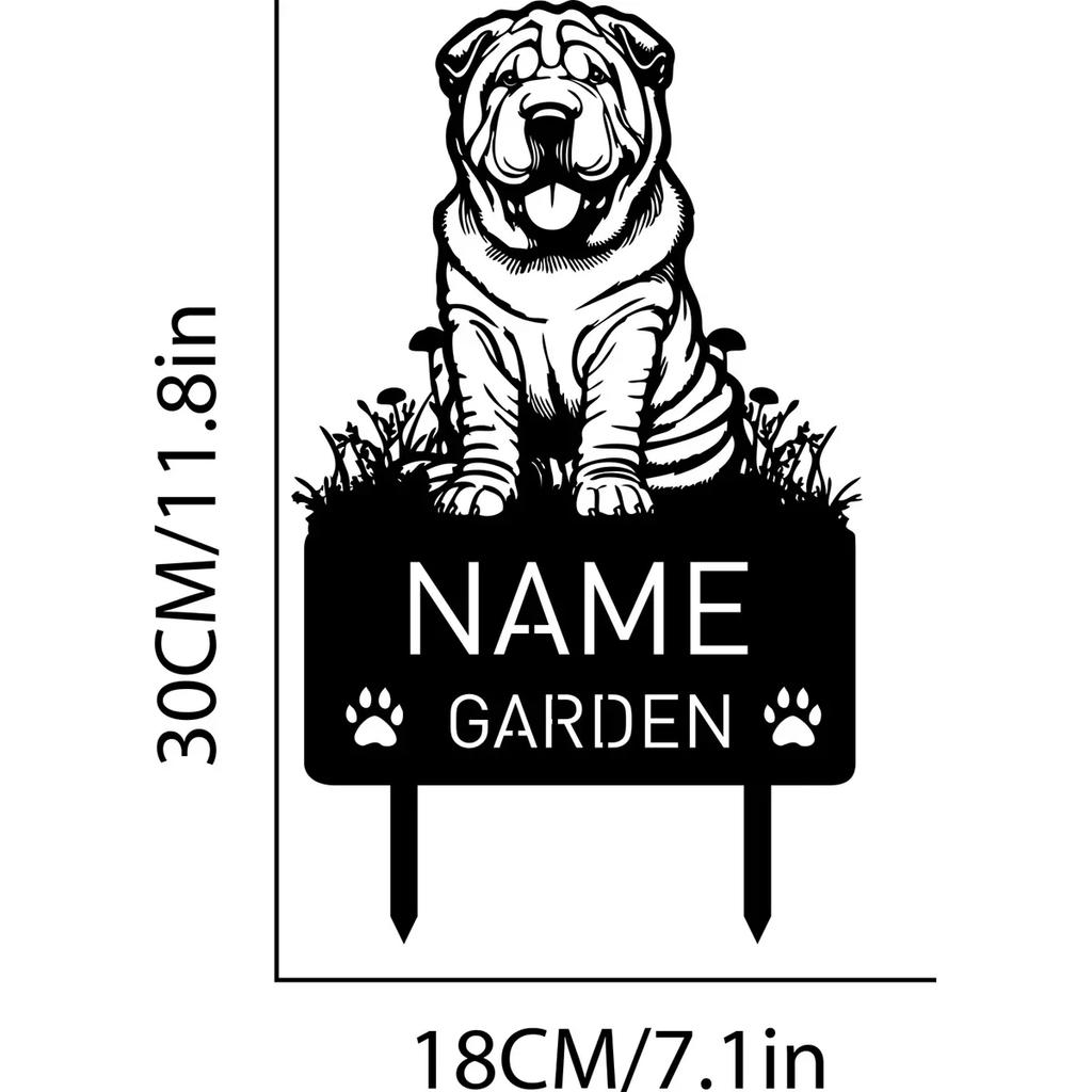 Individueller chinesischer Shar Pei Hund Metall Gedenk-Gartenstecker Personalisierter Haustiername Grabstein Mitgefühl Dekor