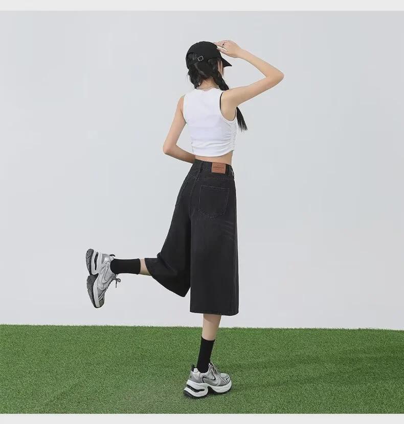 Women's Black Washed High Waist Wide Leg Denim Shorts - Summer Trend