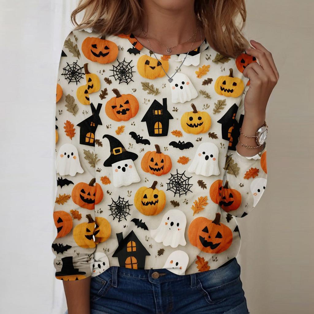 Damen Halloween bedrucktes rundhalsiges lockeres langärmeliges Oberteil