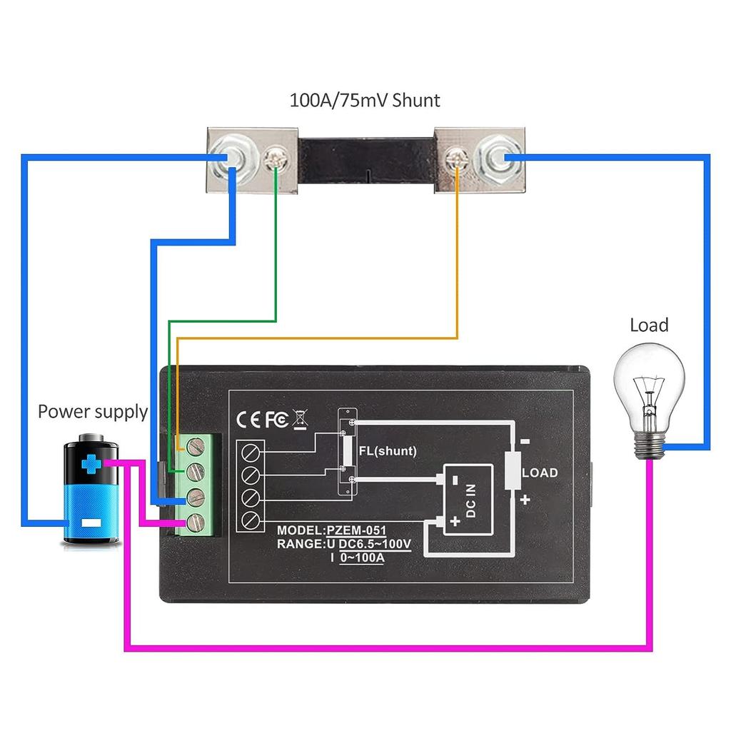 Digitales Amperemeter, Voltmeter, DC 6,5 V-100 V, 100 A, 50 A, 20 A, Multimeter, Leistungsmesser, LCD-Anzeige, Volt, Watt, Leistungsmesser, Energiemesser mit 100 A/75 mV Shunt