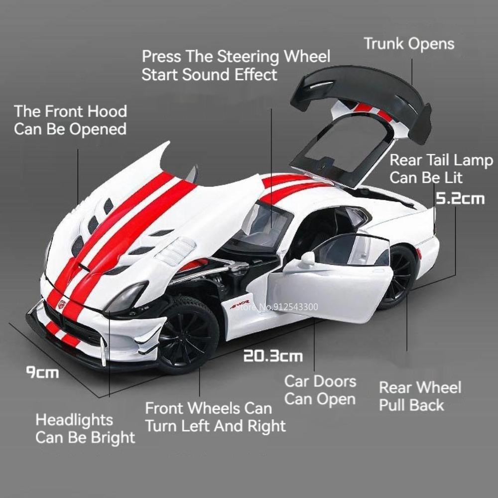 1:24 Viper Hellcat Sports Car Model Toy Alloy Diecast Sound Light Pull Back Wheel Steering Racing Cars Models Display Ornaments