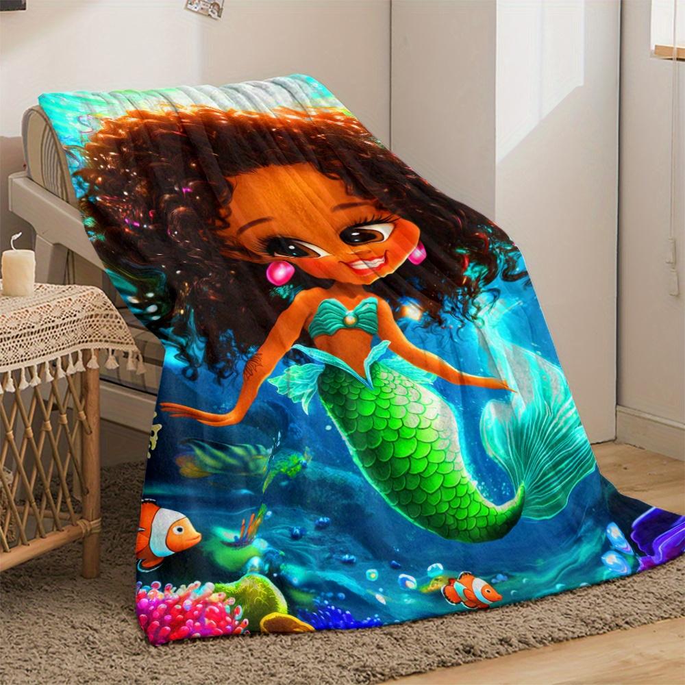 Black girl mermaid underwater ocean world fleece blanket soft throw for kids room decor fantasy sea creature gift