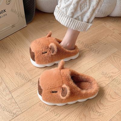 Moda Kadın Sevimli Çizgi Film Kabarık Terlikler Kışlık Sıcak Ayakkabılar Yumuşak Peluş Kaymaz Çiftler İç Mekan Ev Kalın Tabanlı Peluş Pamuklu Terlikler