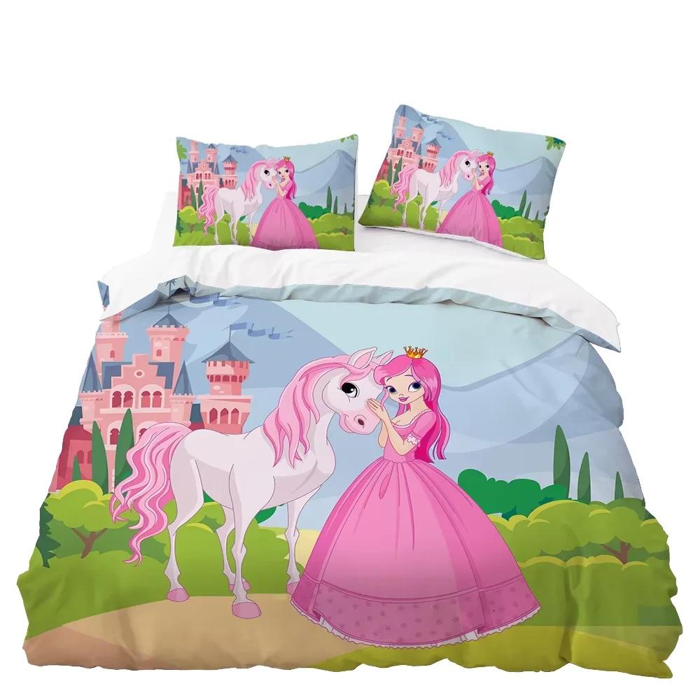 Girl Cute Cartoon Princess Unicorn Duvet Cover Set 3D Print Soft Comfortable Bedding Decor Gift