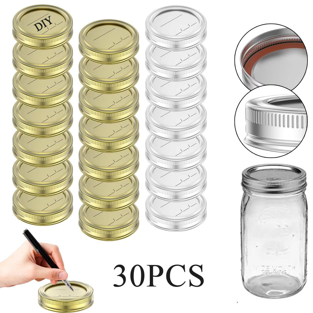 30Pcs Mason Jar Lids with Date Food Seal Cap Canning Lids with Rings Regular Mouth Metal Sealing Canning Lids Sliver Golden