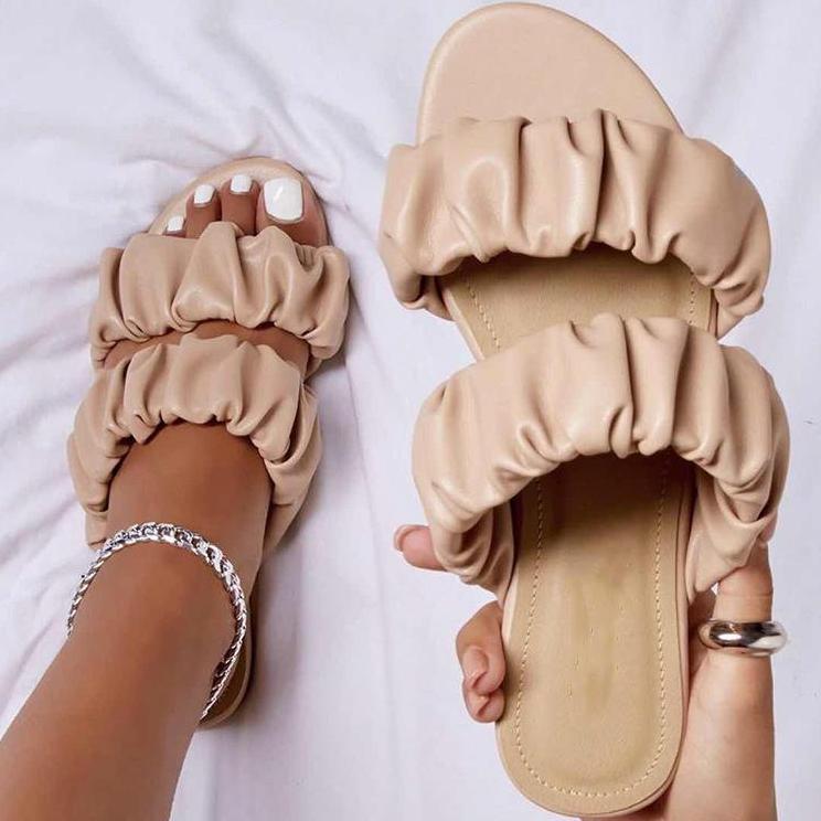 Fashion 2024 Women's Summer New Double-layer Leather Sandals Pleated Flat Bottomed Women's Outdoor Beach Outdoor Slippers
