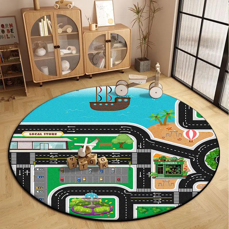 Children's Round Living Room Carpet Short Velvet Fluffy Soft Bedroom Decoration Rug Cartoon Traffic Road Play Floor Mat Antiskid