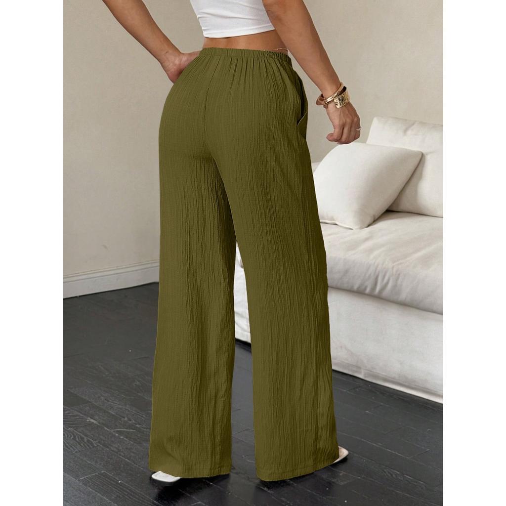 New Women's Casual Solid Color Textured Fabric Knotted Waist Slanted Pocket Wide Leg Pants