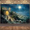 Bible Birth Scene Photography Background Fabric, Shepherd and Town, Polyester, Suitable for Christmas and Birthday Parties