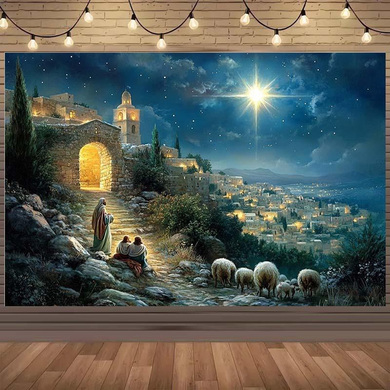 Bible Birth Scene Photography Background Fabric, Shepherd and Town, Polyester, Suitable for Christmas and Birthday Parties