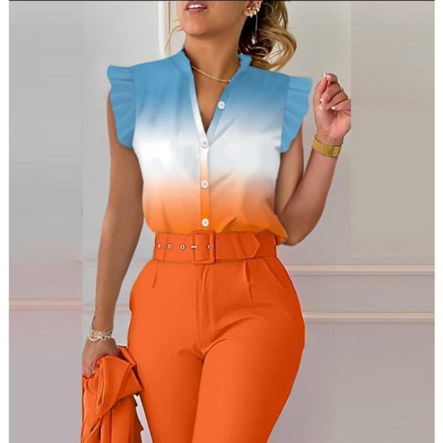 YYFS Damenmode Casual Sommer Frühling Blumenmuster Druck Kurzarm V-Ausschnitt Blusen & Hemden