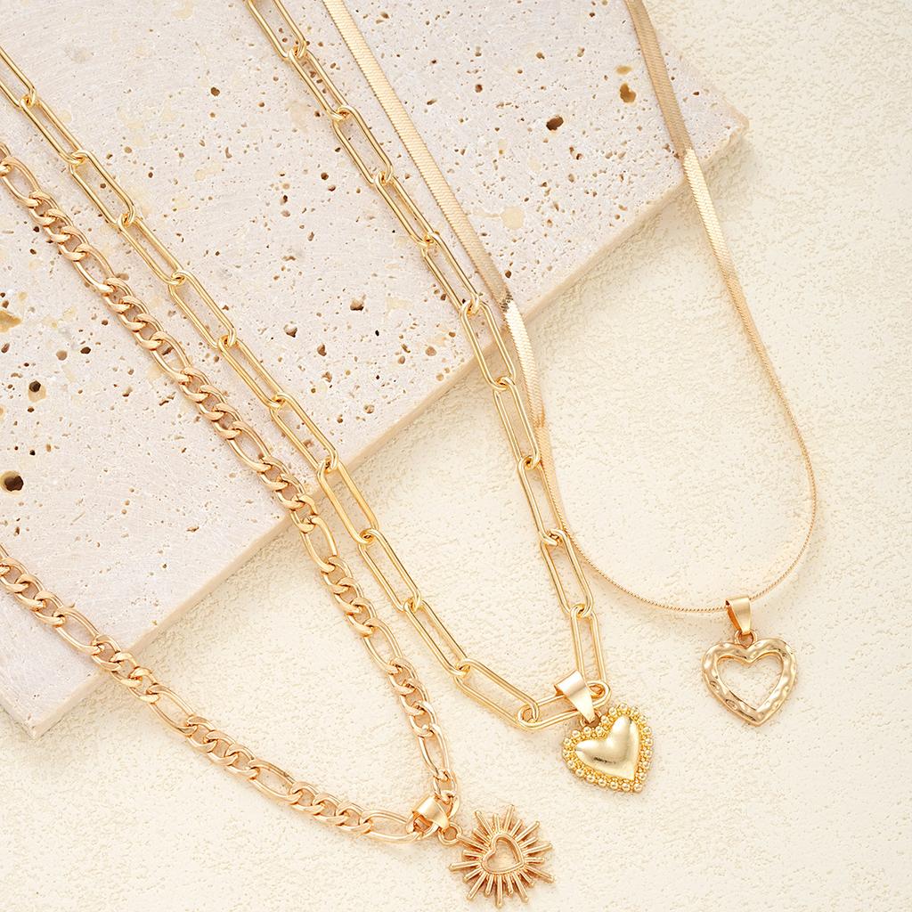 3Pcs/Set Boho Heart Pendant Necklace for Women European And American Copper Metal Gold Color Hollow Love Necklace Punk Jewelry
