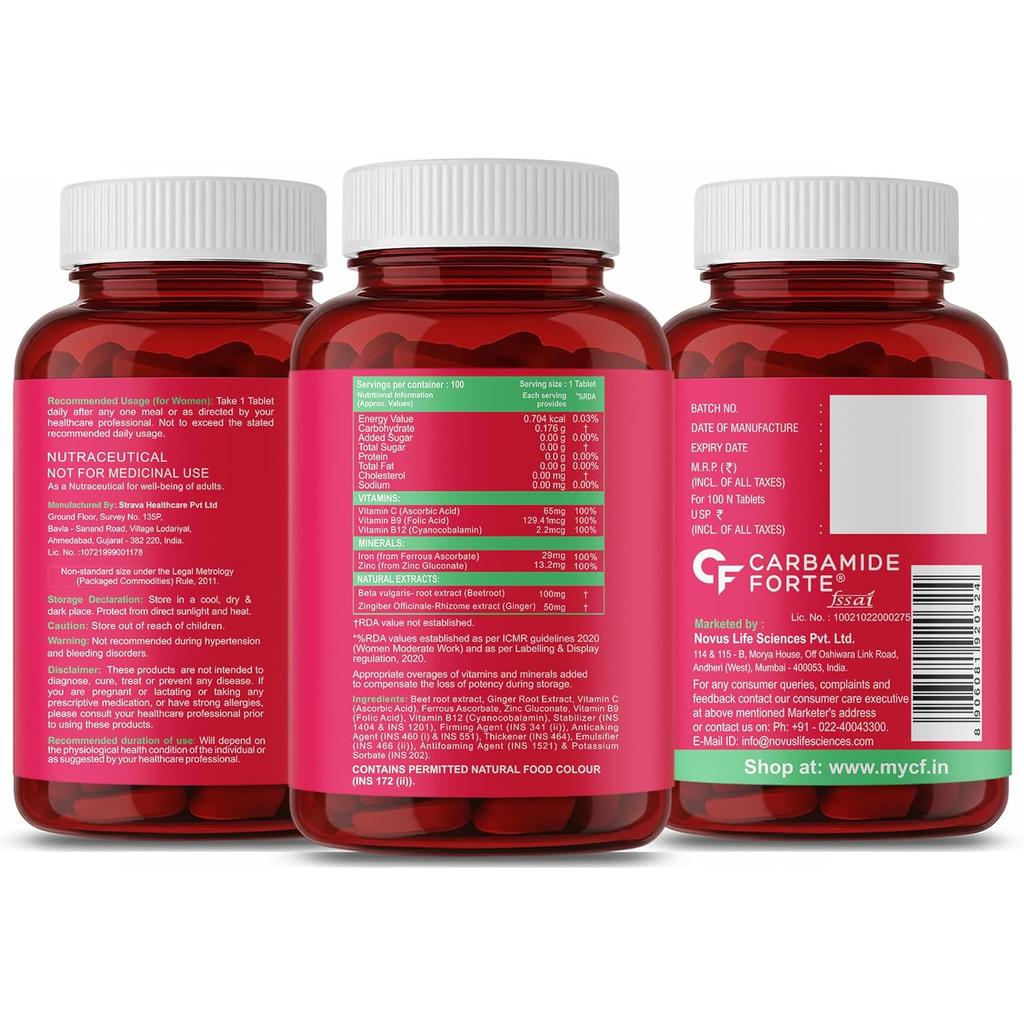 Carbamide Forte Iron Supplement Tablets for Women & Men with Folic Acid, Vitamin C, B12, Zinc – 100 Veg Tablets