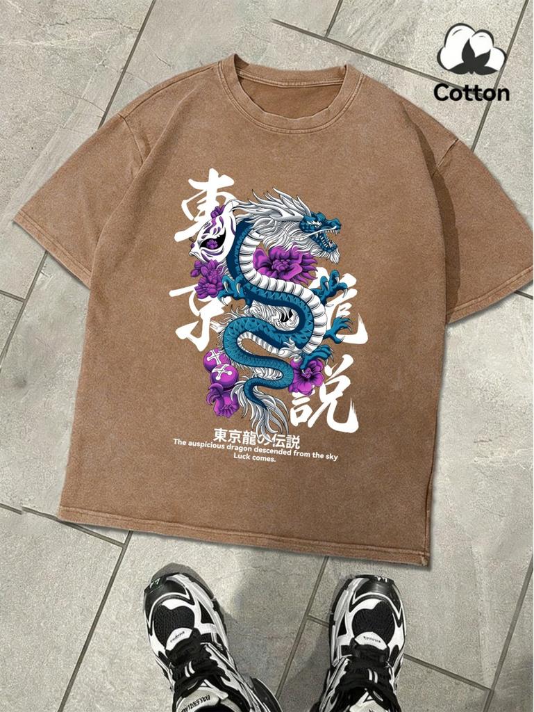 Legend Of The Tokyo Dragon Prints Washed TShirts Mens Oversized Cotton T Shirts Summer ONeck Distressed Tops Basic Clothes
