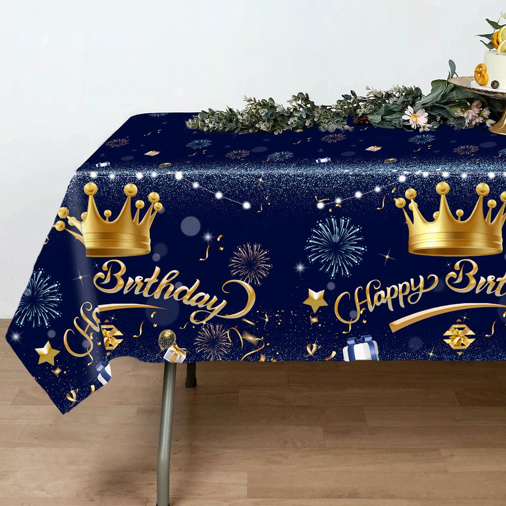 220x130cm Blue Gold Crown Disposable Tablecloth Birthday Party Decor for Men Women Years Old Table Cover Birthday Party Supplies