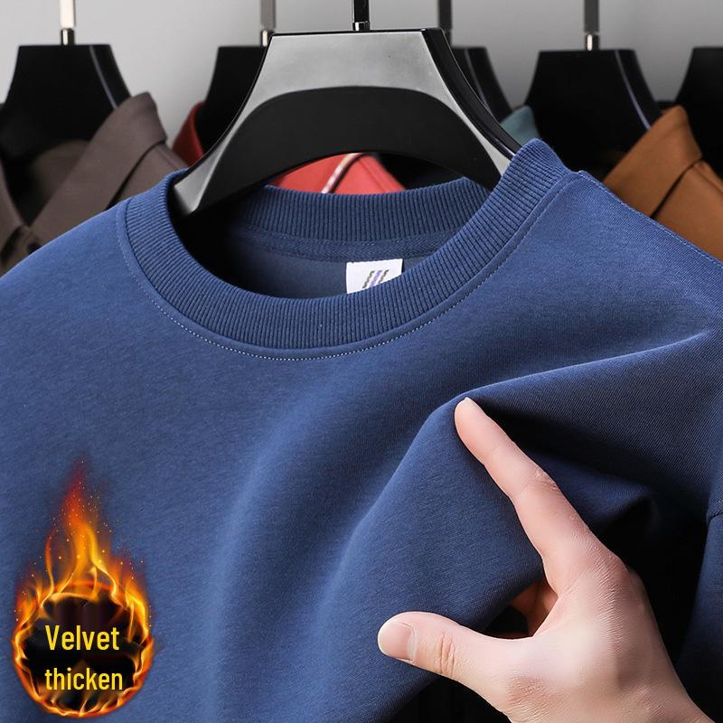 420g schwere Baumwolle Herren Verdickter Rundhals Samt Hoodie – Einfarbige Langarm Winter Basisschicht Hemd.