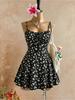 Women Thin Spaghetti Strap Ditsy Floral Front Tie Ribbed Mini Skater Dress 2026 Summer Y2K Yellow Cute Beach Vacation Swing Shor