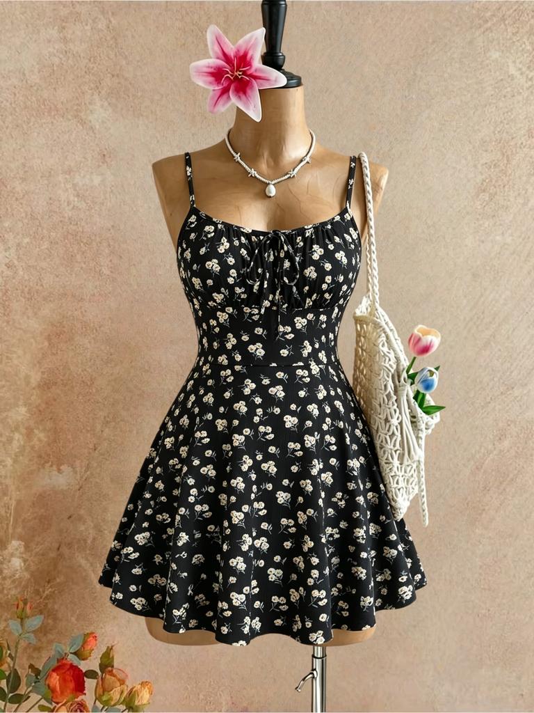 Women Thin Spaghetti Strap Ditsy Floral Front Tie Ribbed Mini Skater Dress 2026 Summer Y2K Yellow Cute Beach Vacation Swing Shor