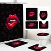 Romantic Red Lip Black Fabric Shower Curtain Set Toilet Lid Cover Bath Mat Valentine'S Day Bathroom Curtains With Hooks Decor