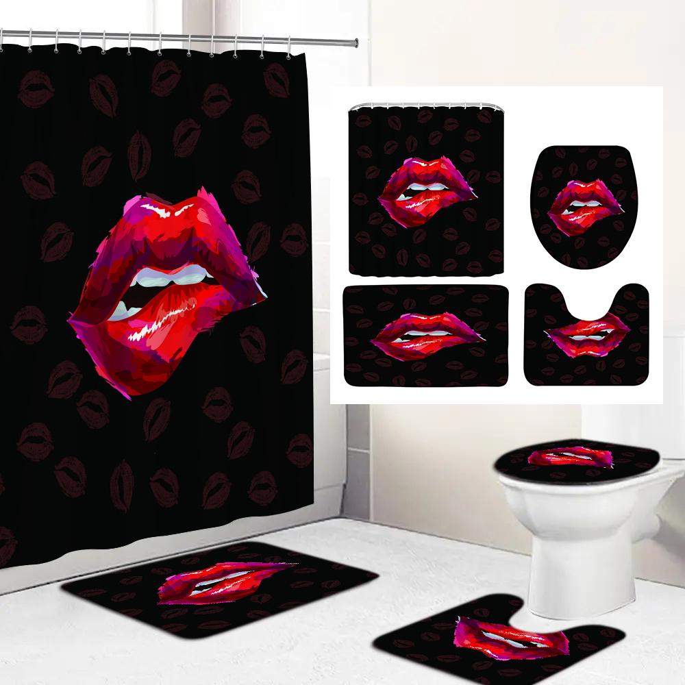 

Romantic Red Lip Black Fabric Shower Curtain Set Toilet Lid Cover Bath Mat Valentine S Day Bathroom Curtains With Hooks Decor W60H190(CM)-1 Pcs