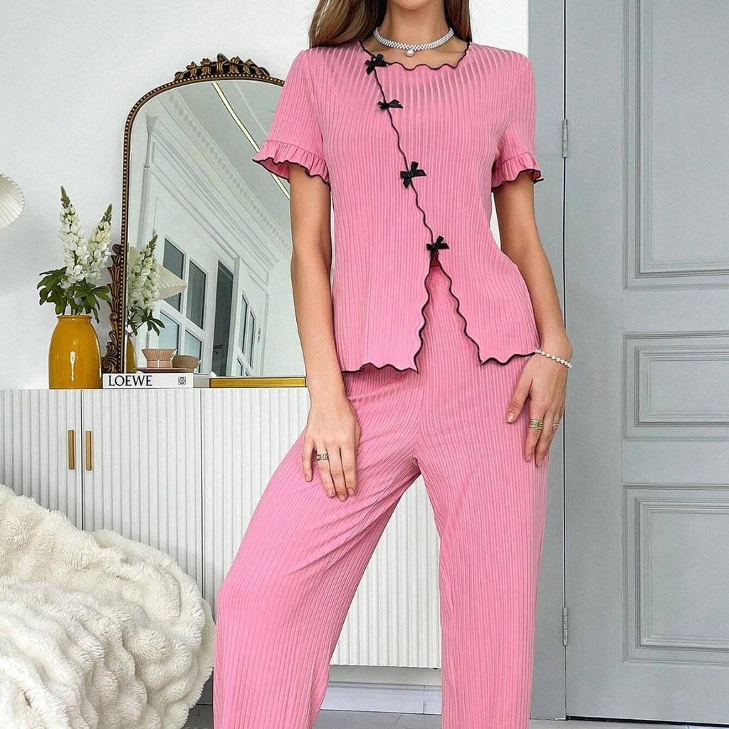Breathable Long Sleeve Two-Piece Pajama Set for Women – Casual Fashion, Wearable Outside