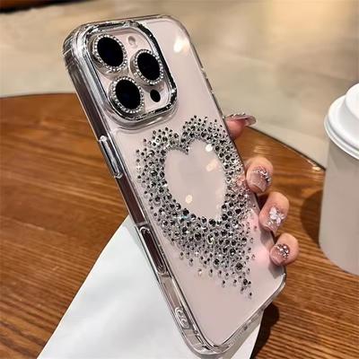 Luxury Diamond Love Heart Case for iPhone17 Air 16 Pro Max  Transparent Acrylic Metal Cover for iPhone 13 12 11 14 15 Pro Max Plus