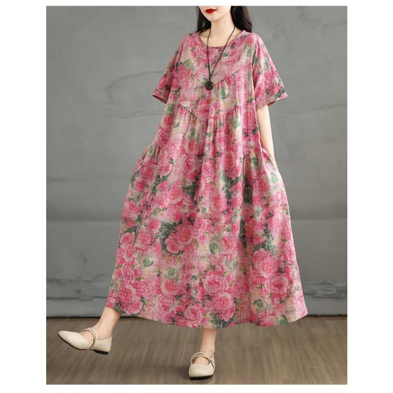 Retro Cotton and Linen Round Neck Short Sleeved Dress for Women, Loose A-line Skirt