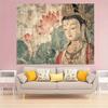 Dunhuang Style Guanyin & Lotus Tapestry Retro Zen Buddha Statue Wall Hanging for Tea Room, Living Room & Study Decor