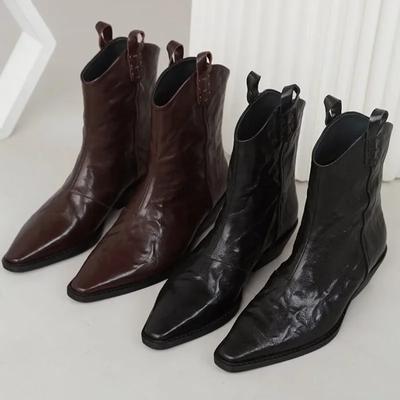 Bottes courtes à bout pointu style western mode pour femmes, bottines à cheville à talon carré épais à encolure en V froissée, bottes décontractées à la mode printemps-automne