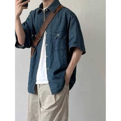 Camisa de manga curta de verão masculina, camisa masculina retrô solta casual de manga cinco quartos, camisa de marca da moda para agasalhos