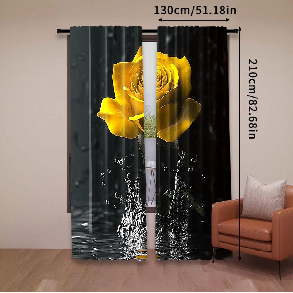 2Pcs Floral Curtain Yellow Roses In Water Black Curtain Modern Flowers Floral For Bedroom Living Room And Dining Room B