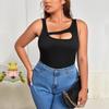Dames Zwart Geribd Asymmetrische Halslijn Cut-out Mouwloos Casual Tanktop
