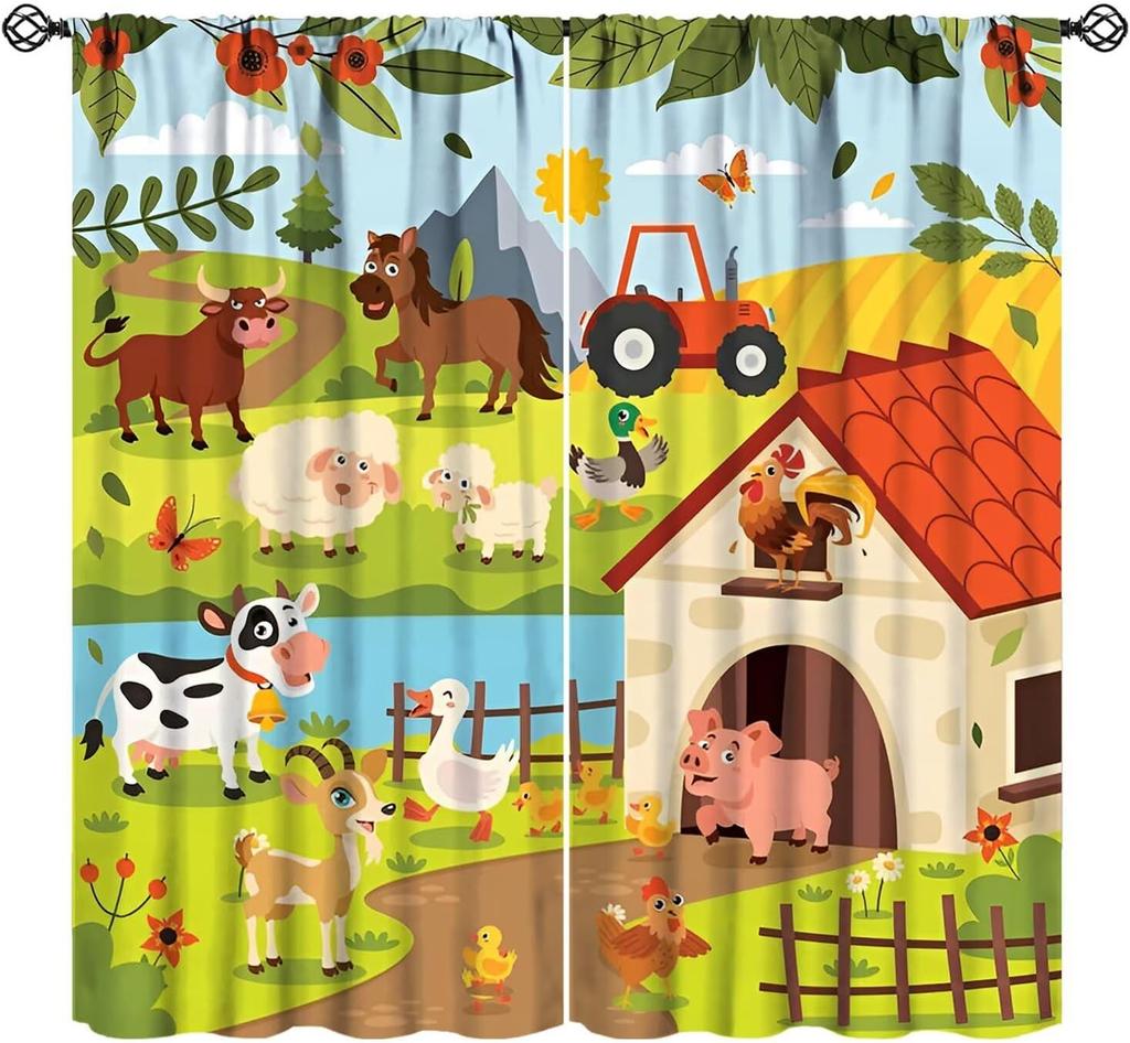 Cartoon Farmhouse Curta, Farm Truck Tractor Cute Animals Horse Cow Cat Dog Autumn Sunflower Windmill Print Window Treatments