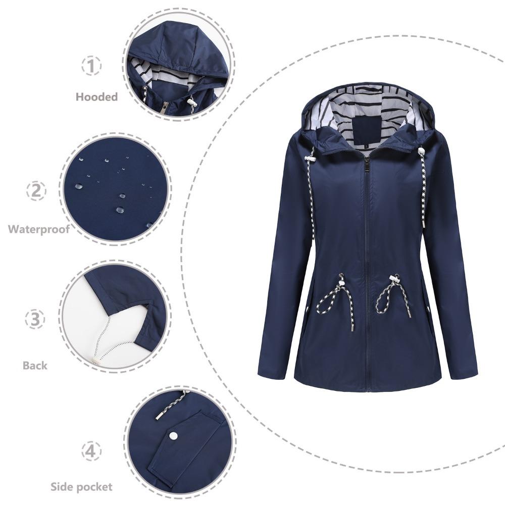 S-5XL European and American New Long-sleeved Water-repellent Mid-length Windbreaker Women's Hooded Striped Raincoat Plus Size Women's Clothing