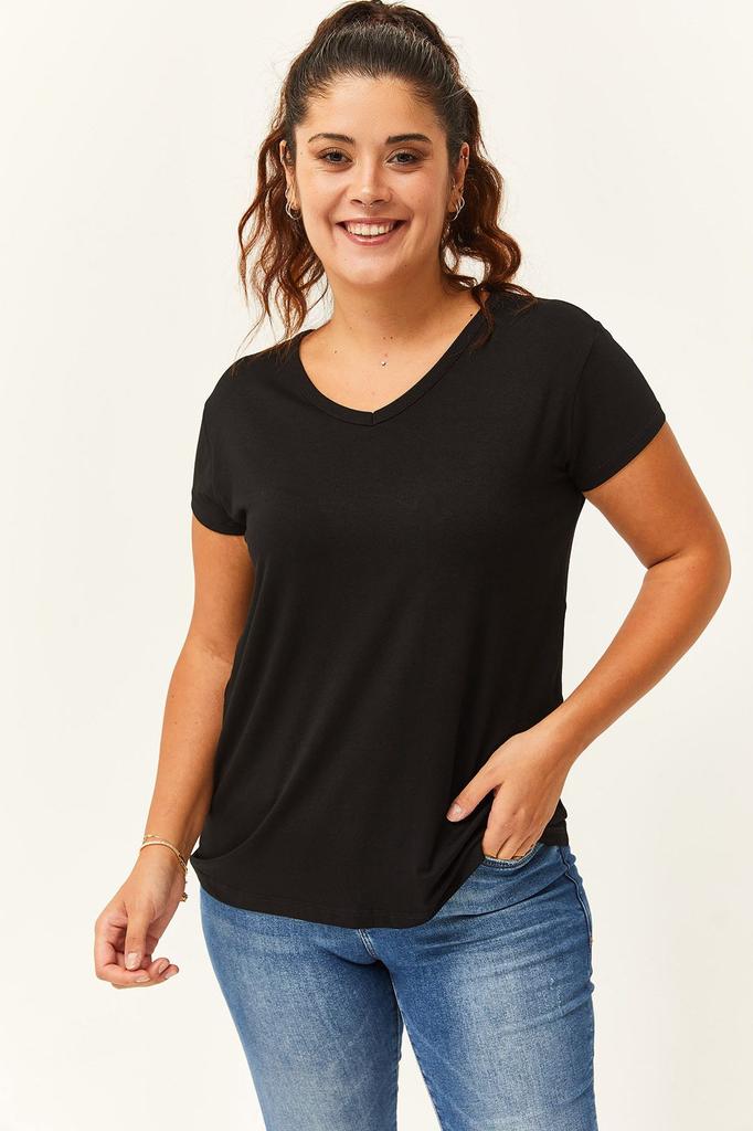 Damski styl Duży rozmiar T-shirt Plus rozmiar Dekolt w serek Podstawowa krótka koszulka z krótkim rękawem Czarny T-shirt