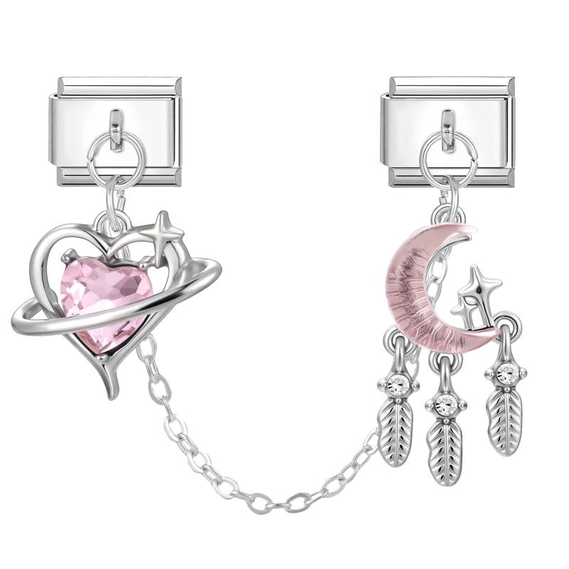 Y2K Zircon Moon Bow Star Pink Heart Tassel Chain Italian Charm Links Fit 9MM Stainless Steel Bracelet Women DIY Making Jewelry