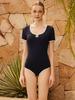 Bohemianbeullu Scoop Neck Teardrop Binding Short Sleeve One-Piece Swimsuit Bw
