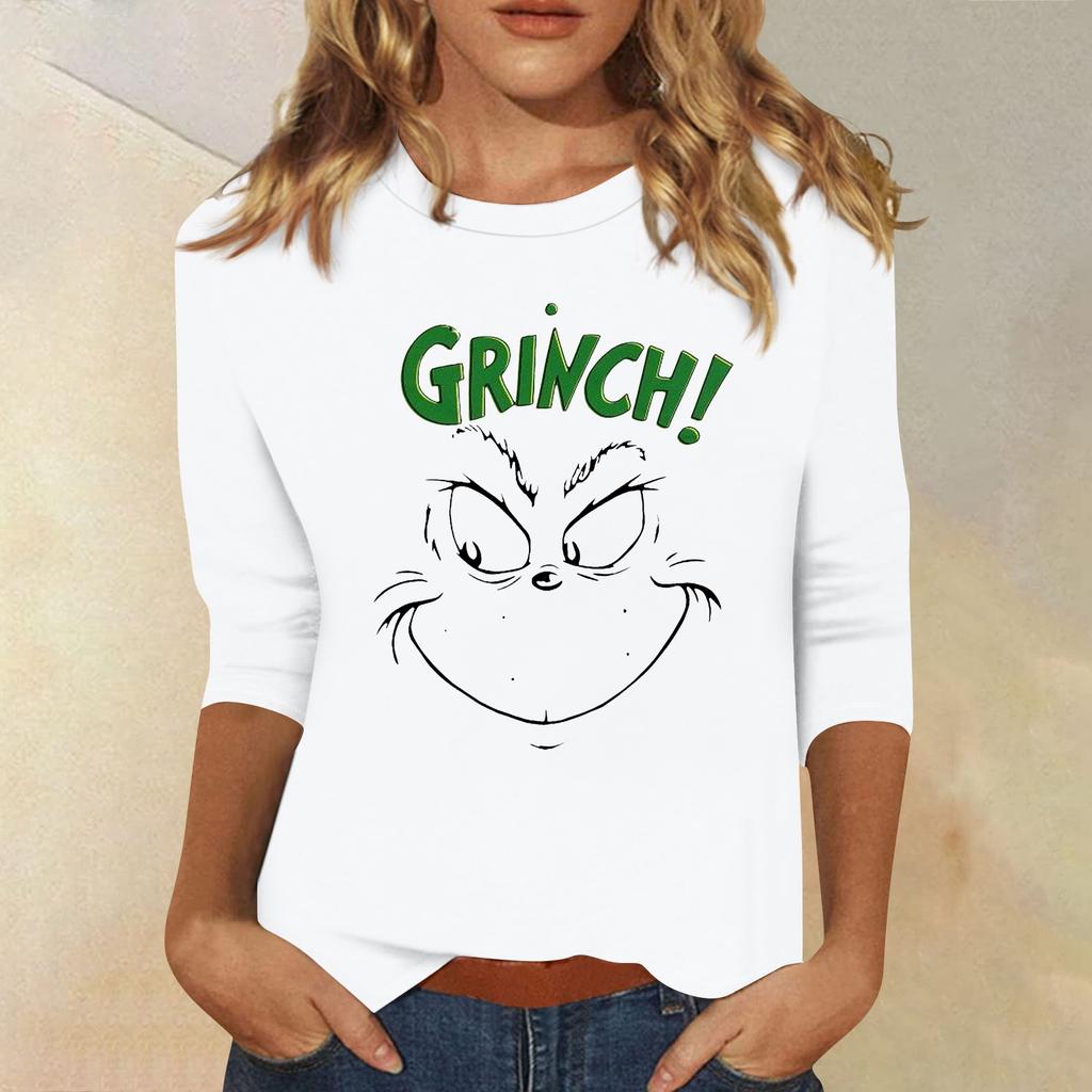 3/4 Sleeve Tops For Women T-Shirt Casual Christmas Print Tops T Shirt Round Neck Pullover Blouse