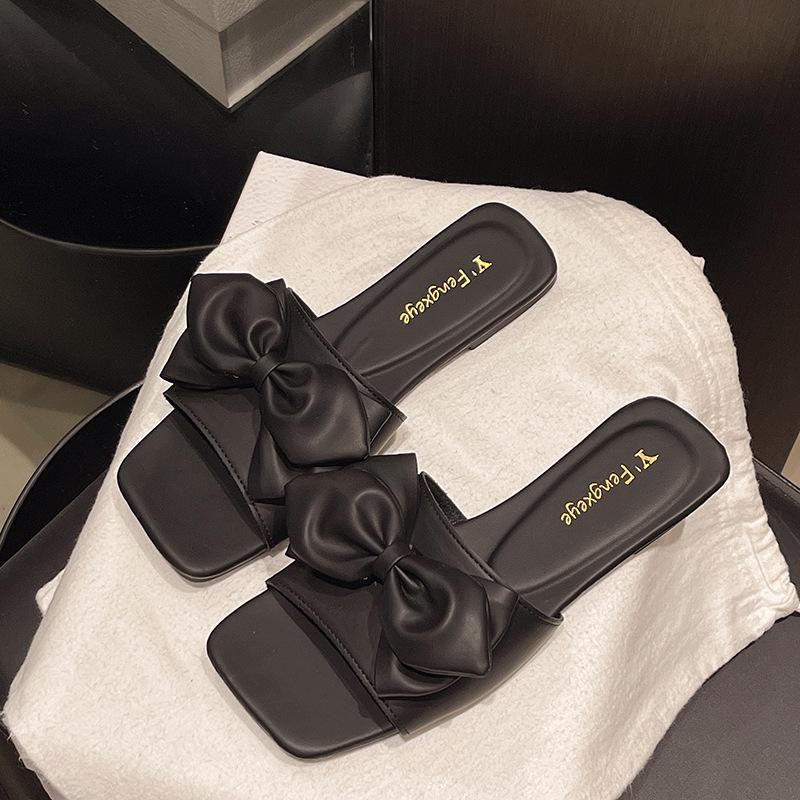 Sandale de damă cu toc gros, vârf pătrat, primăvară nou, fundă, un pedal, casual, papuci de exterior