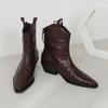 Pointed short boots women's leather thick heel middle heel ankle boots retro v-mouth boots versatile niche thin western cowboy boots