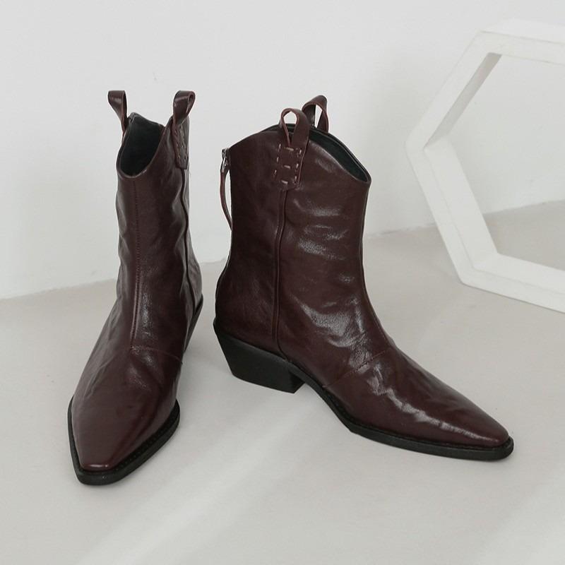 Pointed short boots women's leather thick heel middle heel ankle boots retro v-mouth boots versatile niche thin western cowboy boots
