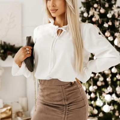 Women's Fashion Casual Spring Fall Solid Color Print Long Sleeve V-Neck White Pullovers Blouses & Shirts