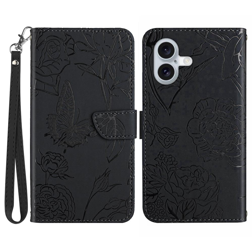 For iPhone 17 Case Butterfly Flower Imprinted Leather Phone Cover with Strap A