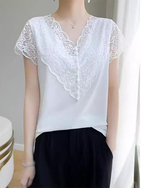 Summer Slim Fit T Shirt With Lace Paneling Polyester Fabric For Office Wear For Women