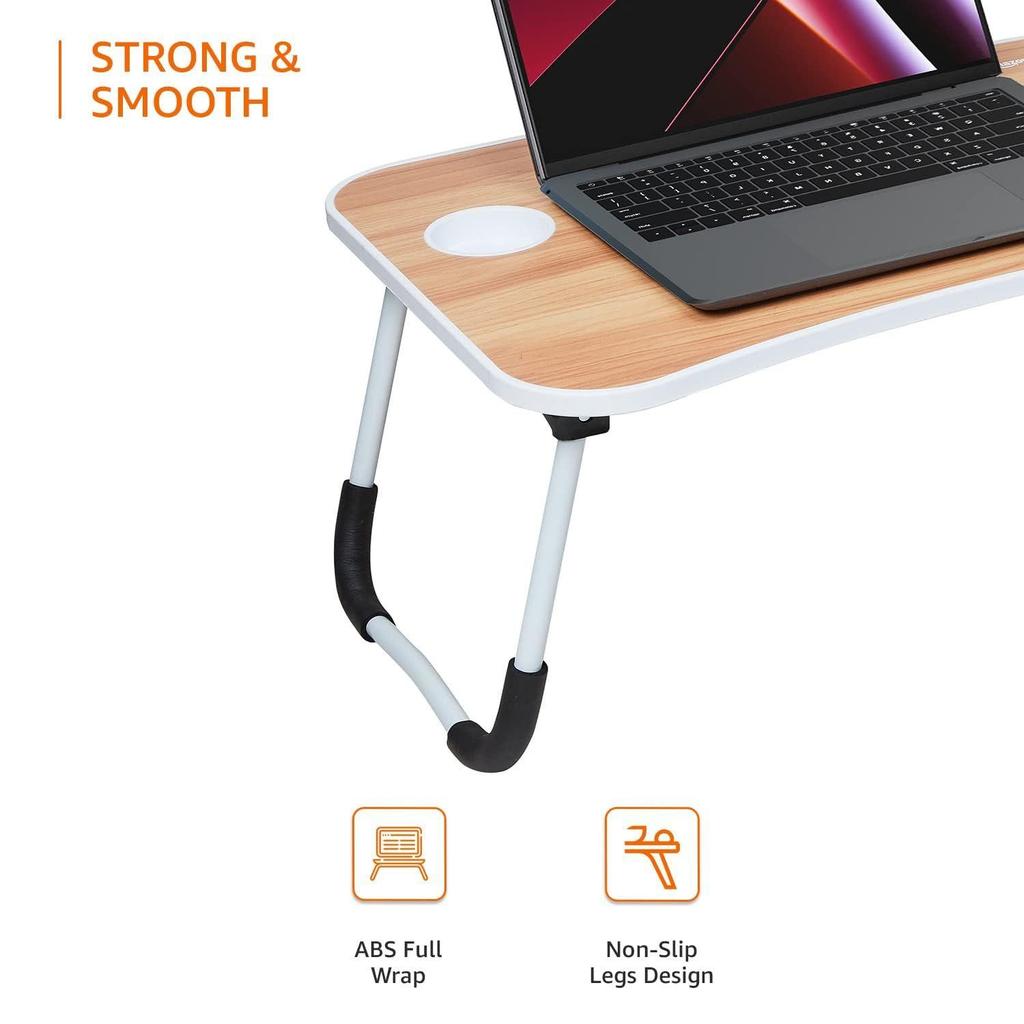 Klappbarer Laptop-Tisch aus Holzwerkstoff mit Getränkehalter, Tabletfach und Mini-Schublade (60L x 40B x 26H cm, Braun)