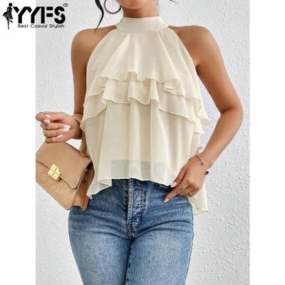 Blusas y camisas de cuello alto sin mangas con estampado de colores sólidos para mujer, informales, de moda de verano y primavera