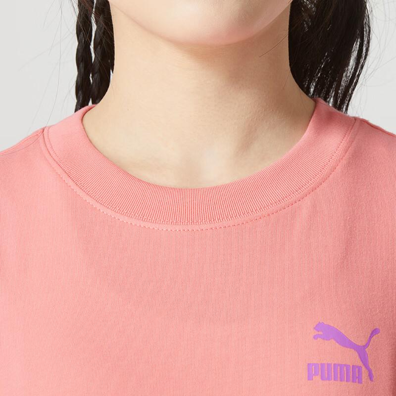 Puma Logo Print Ribbed Round Neck Comfortable Sports Short Sleeve Drop Shoulder T-Shirt Women T-Shirt Peach 682345-26